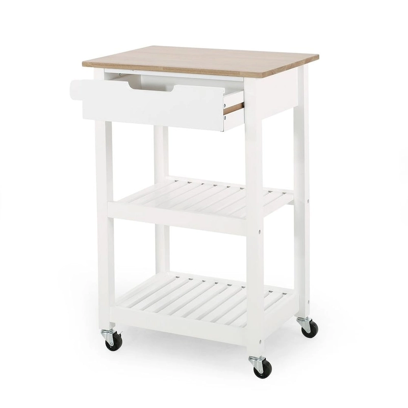 Compact Wooden Kitchen Cart with Wheels Shelves and Drawer by