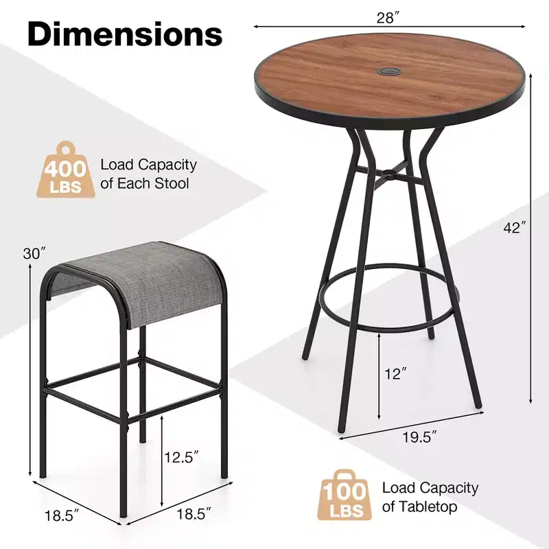 Costway 3 PCS Patio Bistro Set Round Table w/ 1.6 Umbrella Hole & 2 Stools Metal Frame