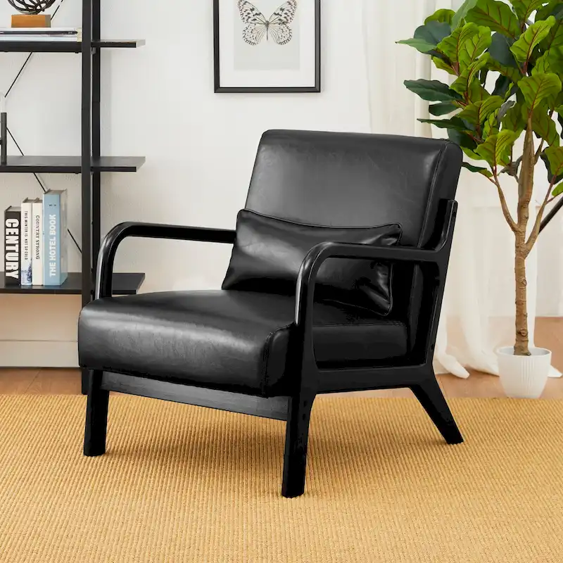 Glitzhome 30.75H Mid-Century Modern PU Leather Armchair Accent Chair with Pillow - 25.75W x 33.75D x 30.75H