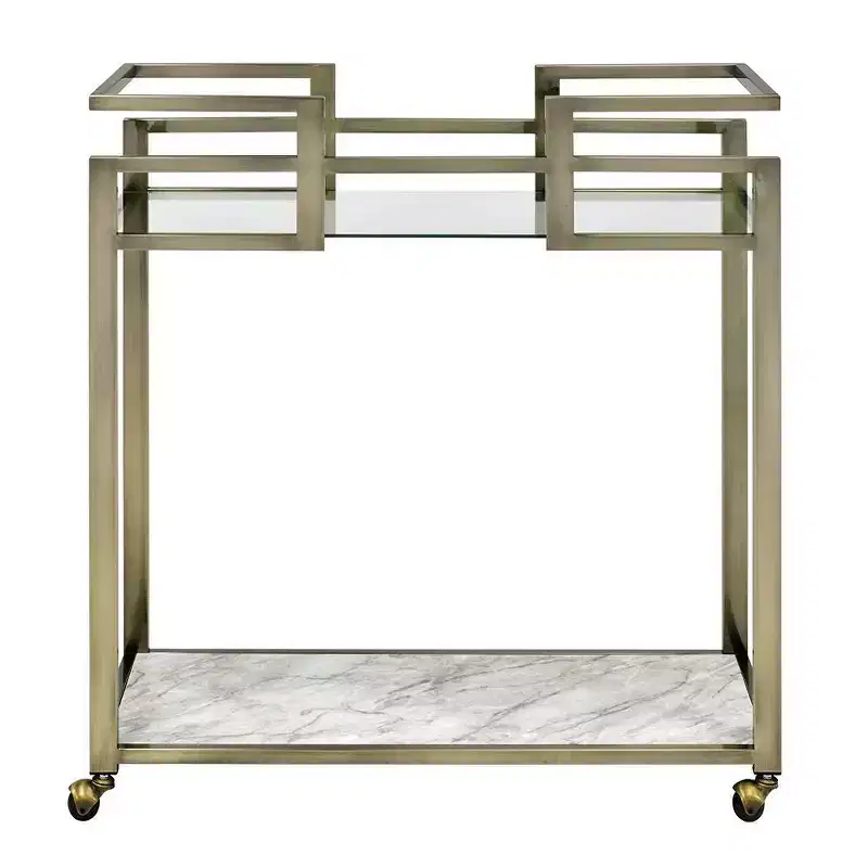 Acme Furniture Neilo Faux Marble Top Bar Serving Cart Clear Glass/Wire Brass Finish