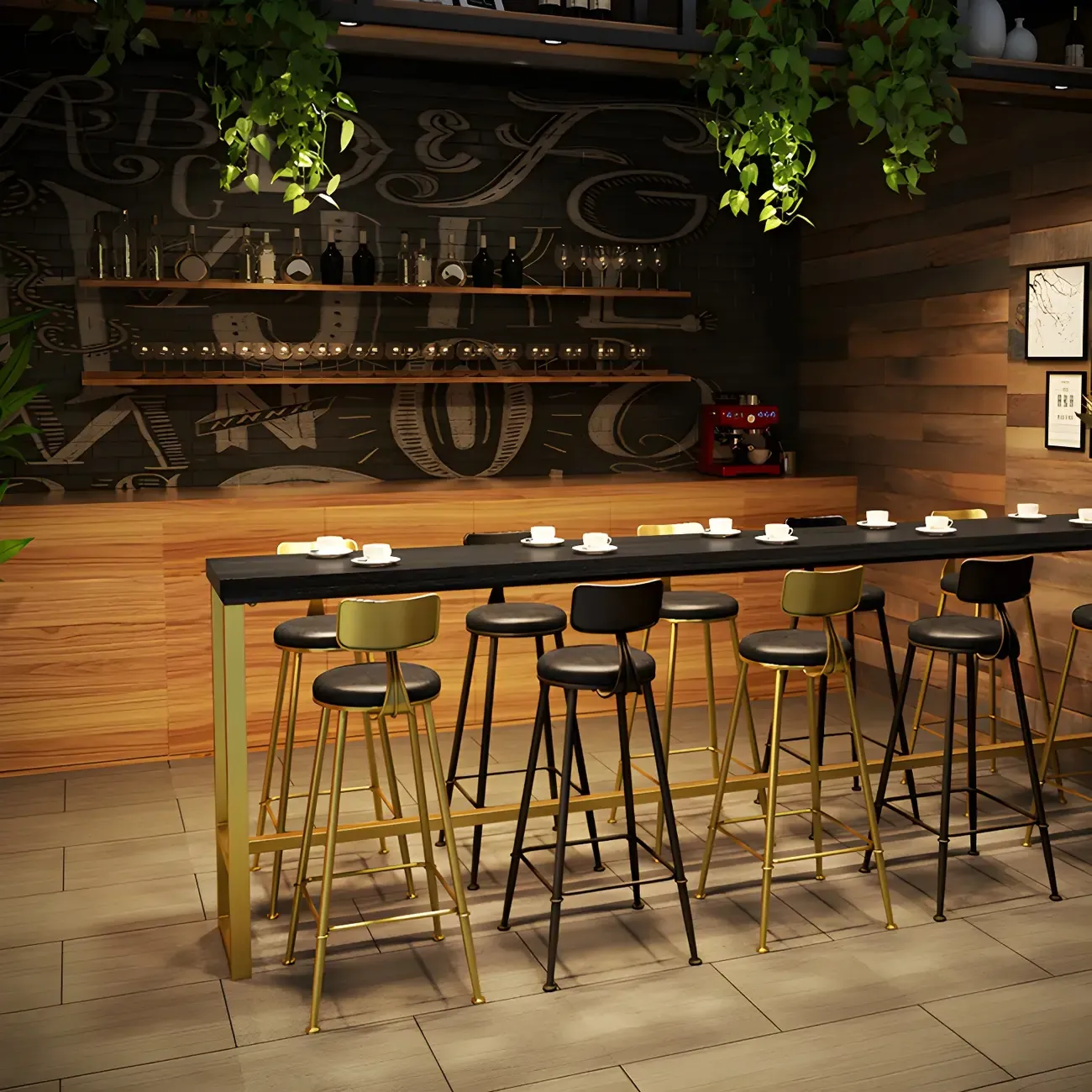 Black Gold Glam Metal Pine Wood Bar Tables with Footrest