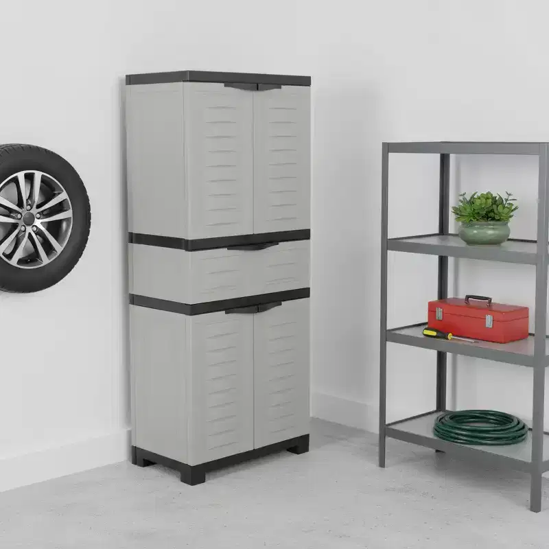 HomeRoots 23 Black and Gray Plastic Accent Cabinet With Four Doors And One Drawer