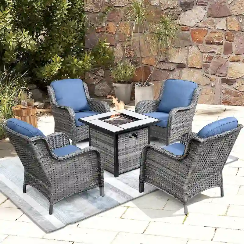OVIOS 5-piece Patio Wicker Chairs Set with 30 Fire Table
