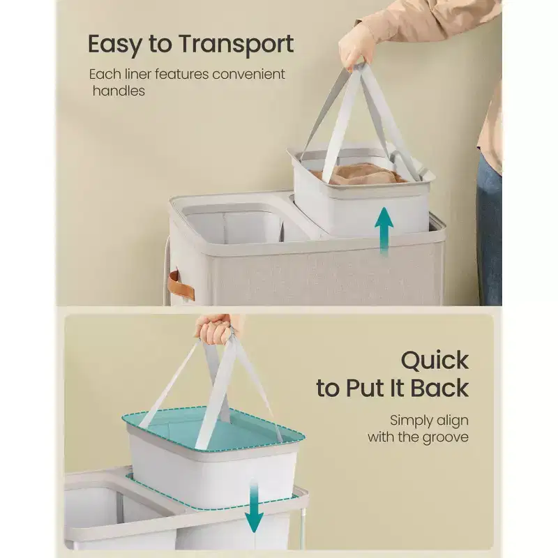 44.9 Gal Large Laundry Hamper with Lid, 2 Compartment Dirty Clothes Basket, Removable Inner Bags & Handles, 22x15.7x29.5 Inches