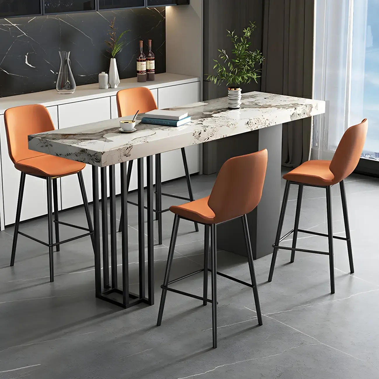 Modern Black Stone Counter Height Metal Rectangular Bar Table