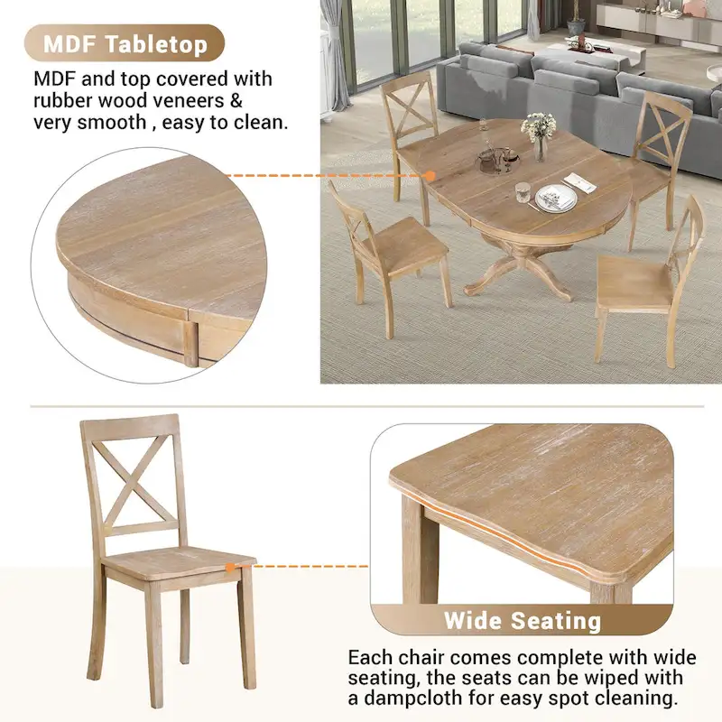 Natural Wood Wash 5-Piece Wooden Dining Table Set with Expandable Round Table & 4 Chairs