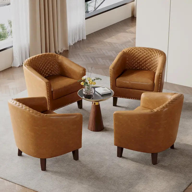 Modern Faux Leather Barrel Accent Chair with Wood Legs