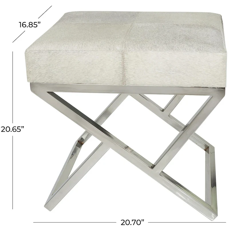 Leather Geometric Home Bench with Angled Silver Metal Base - Light Grey
