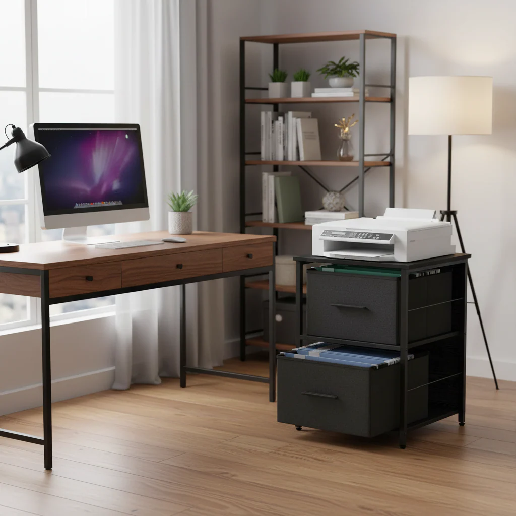 Ebony Black / Ink Black Rolling File Cabinet with Fabric Drawers and Printer Stand