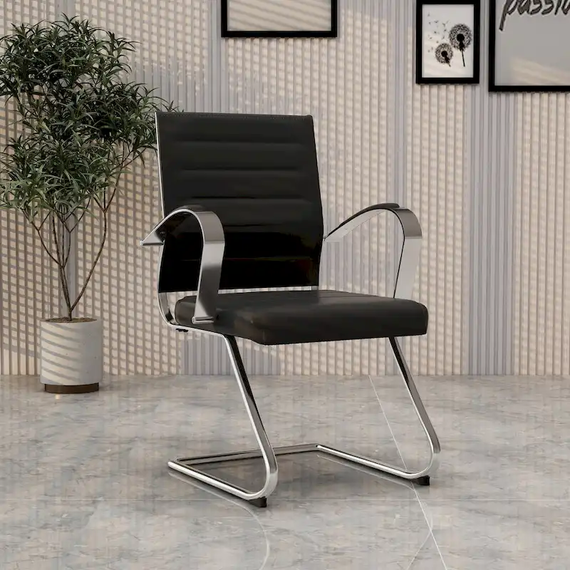 Leather Office Chair with Stainless Steel Sled Base Benmar Series by LeisureMod