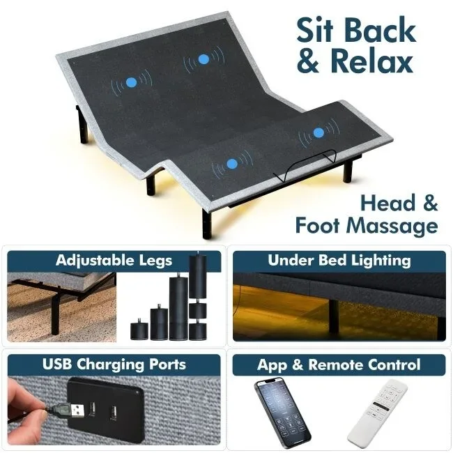 Renanim SF Adjustable Bed Frame, Dual Massage, USB, Underbed Light, App Control, Head and Foot Incline, Reclining Base