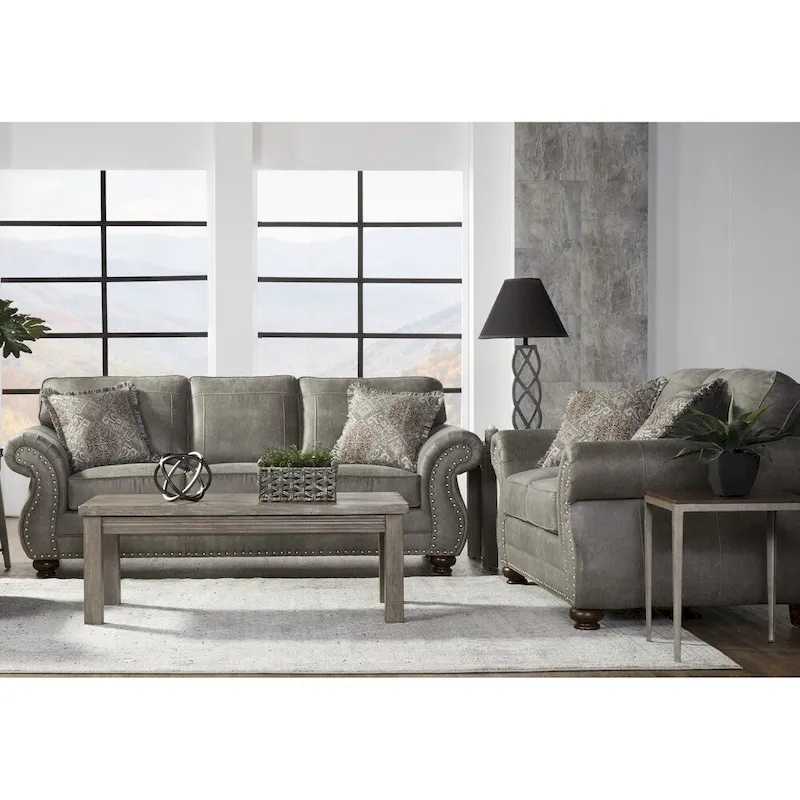 Roundhill Furniture Leinster Faux Leather Upholstered Nailhead Sofa and Loveseat Set in Stone Gray