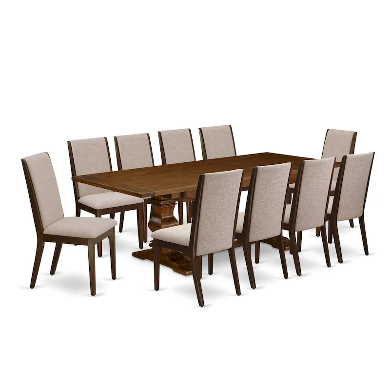 East West Furniture 11 Piece Dining Table Set- a Wooden Table and 10 Linen Fabric Upholstered Chairs(Finish Options)