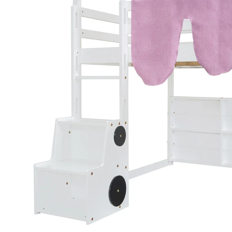 House-shaped Wooden Loft Bed with Tent, Slide, Ladder and Shelves