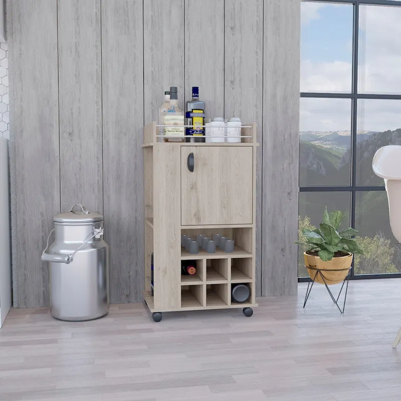 Grey Bar Cart with 6 Wine Slots, Open Shelf, Cabinet & Casters