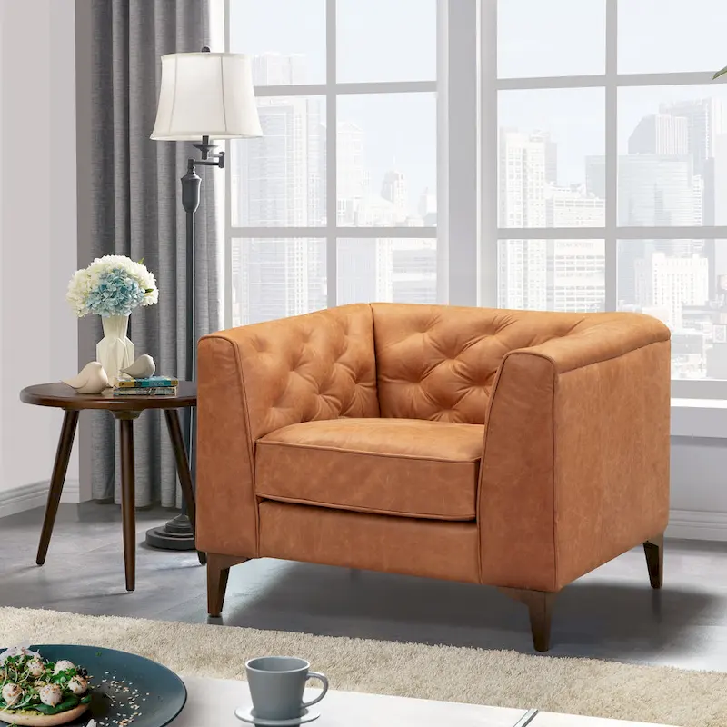 Full Grain Genuine Italian Leather Lounge Chair - Mid-Century Modern Style