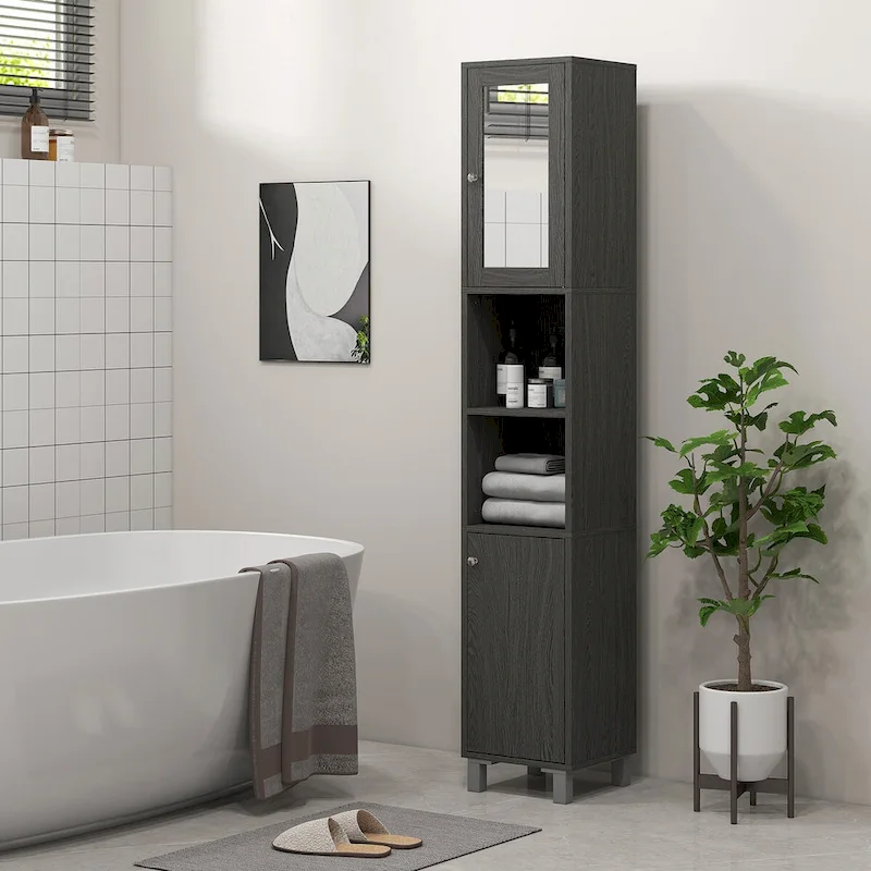 kleankin Tall Bathroom Storage Cabinet with Mirror, Wooden Freestanding Tower Cabinet with Adjustable Shelves for Bathroom