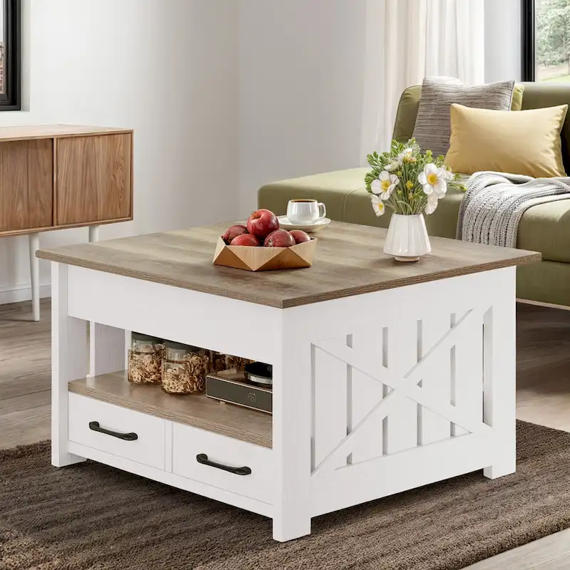 Square Lift Top Coffee Table - White & Gray Wood