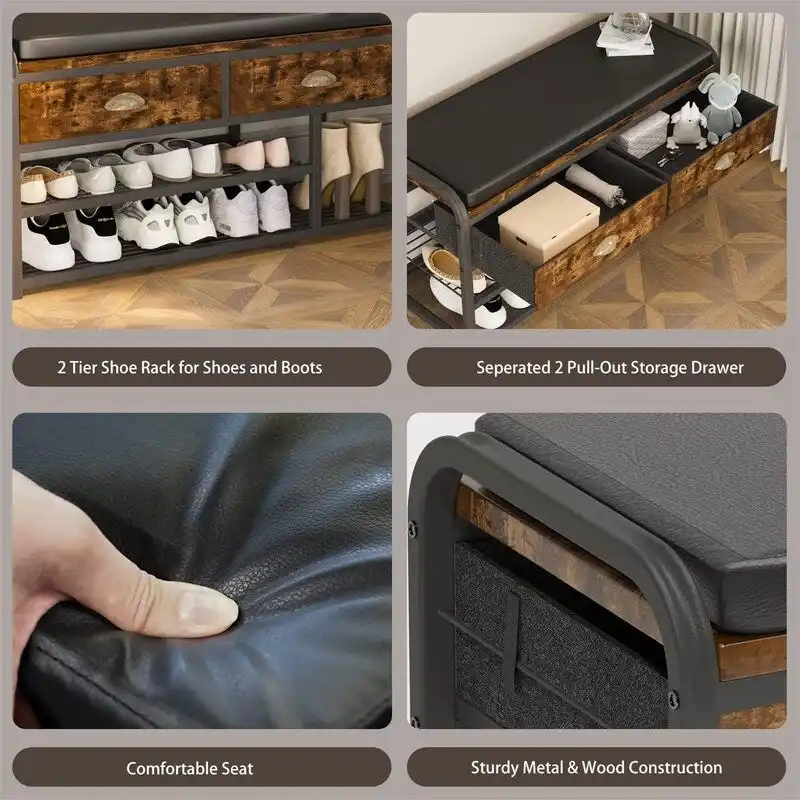 Industrial Entryway Bench with Shoe Storage and Drawer