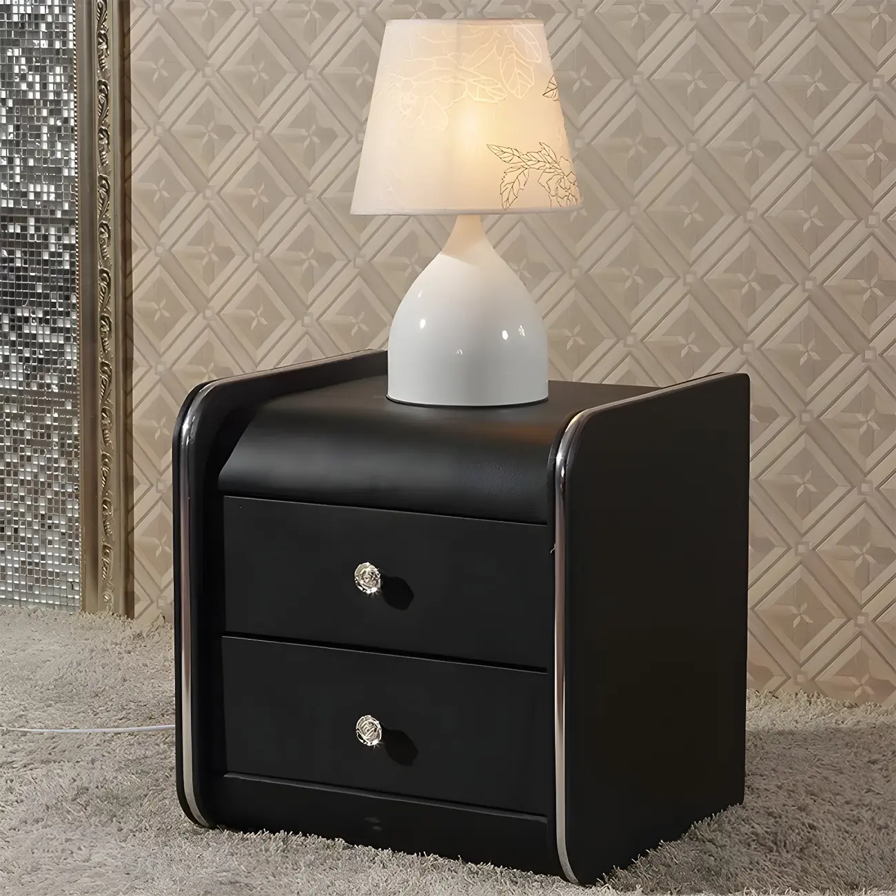 Luxurious Glossy Leather Wooden 2 Drawer Black Nightstand