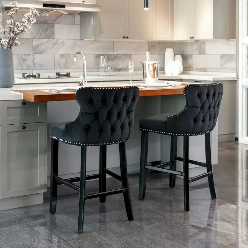Velvet Wing-Back Barstools with Button Tufting – Set of 2
