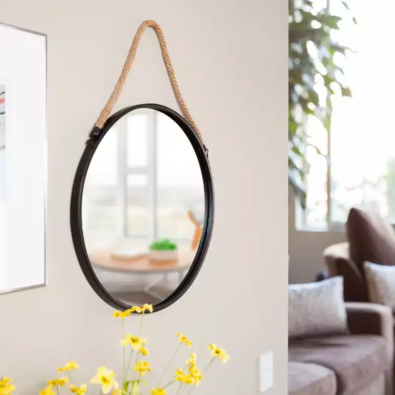 Danya B Framed 20 Decorative Round Black Metal Circle Wall Mirror with Hanging Rope
