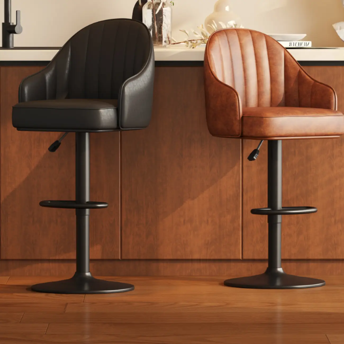 Mid-Century Modern Leather Bar Stool Swivel Adjustable Height