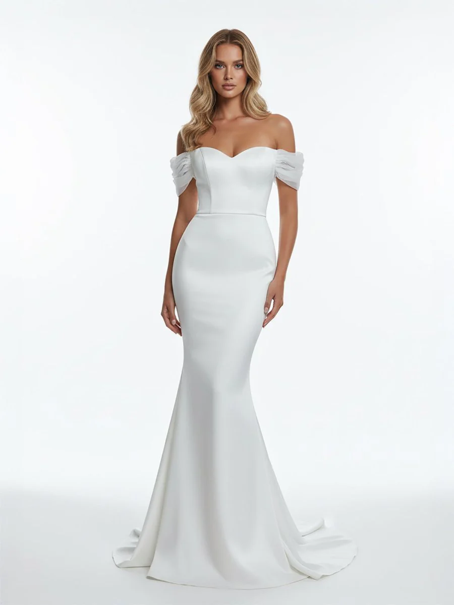 Elegant Mermaid Sweetheart Sexy Off-the-Shoulder Wrap-Around Satin Wedding Dress