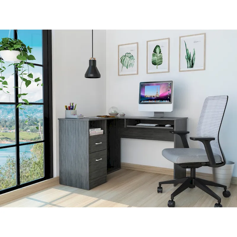 L-Shaped Corner Desk with Drawers, Shelf & CPU Storage – Brown / Black / Grey