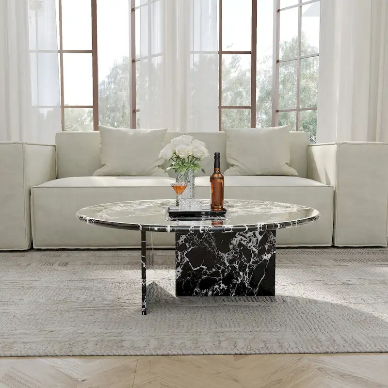 35.43 Modern Round Coffee Table,Glossy Faux Marble Table top