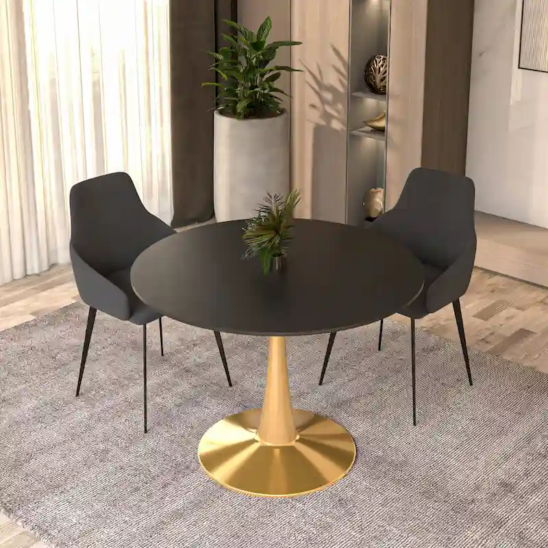 Marbled White / Black / White Round Dining Table for 4, MDF Top & Steel Pedestal Base