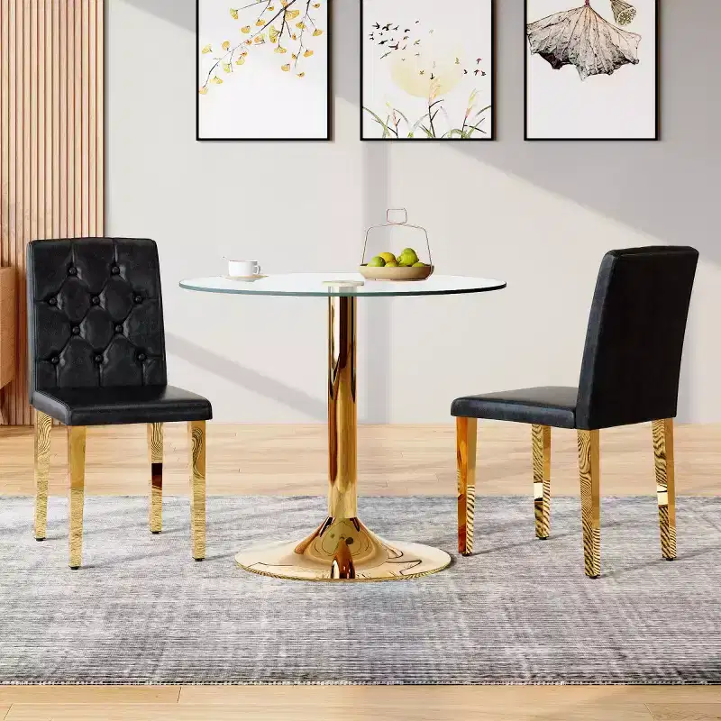 Set of 2 Modern PU Upholstered Dining Chairs with Golden Metal Legs, Luxurious Armless Chairs for Kitchen or Dining Room-Panipeachy