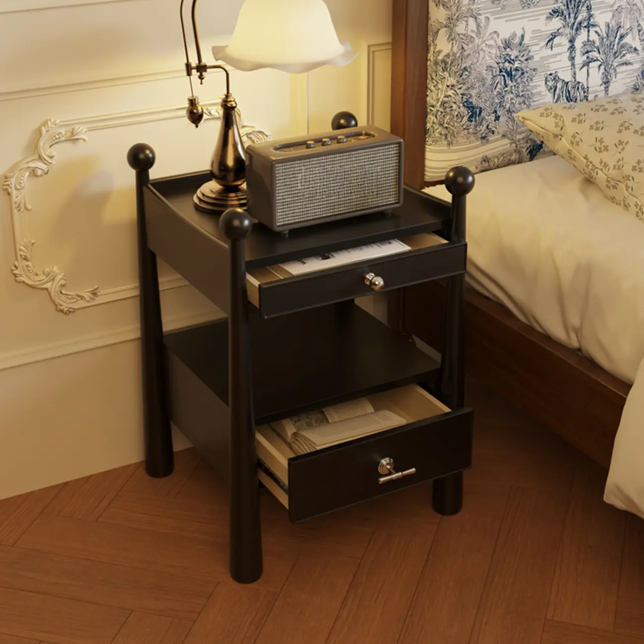 Mid-Century Modern Narrow Wood Nightstand with 2-Drawer