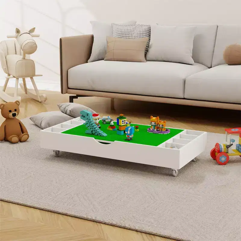 The 2 in 1 Rollaway Play Table and Toy Organizer Compatible with Lego Suitable for Storing Under Bed or Sofa-White (38 x 18.7 x 5.9)