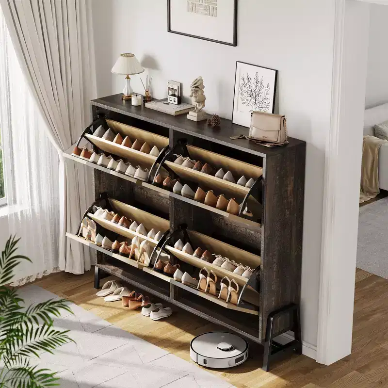 4 Flip Drawer Narrow Shoe Cabinet, Freestanding Entryway Storage with Adjustable Shelves & Metal Legs, Slim Organizer for Hallway & Living Room