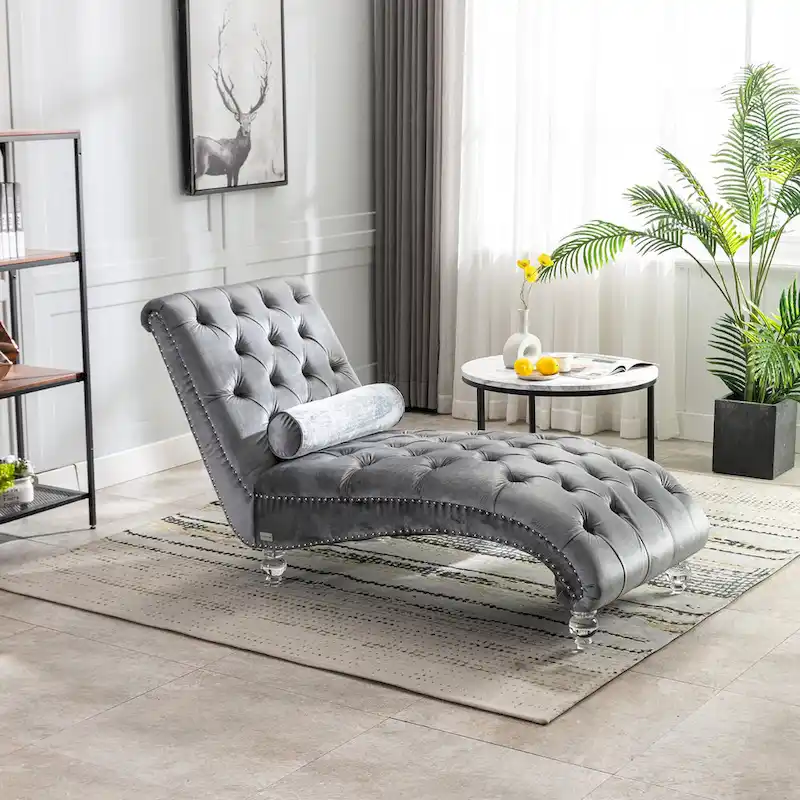 Velvet Tufted Chaise Lounge with Pillow – Light Blue / Black / Mustard / Emerald / Purple / Silver / Pink | Single