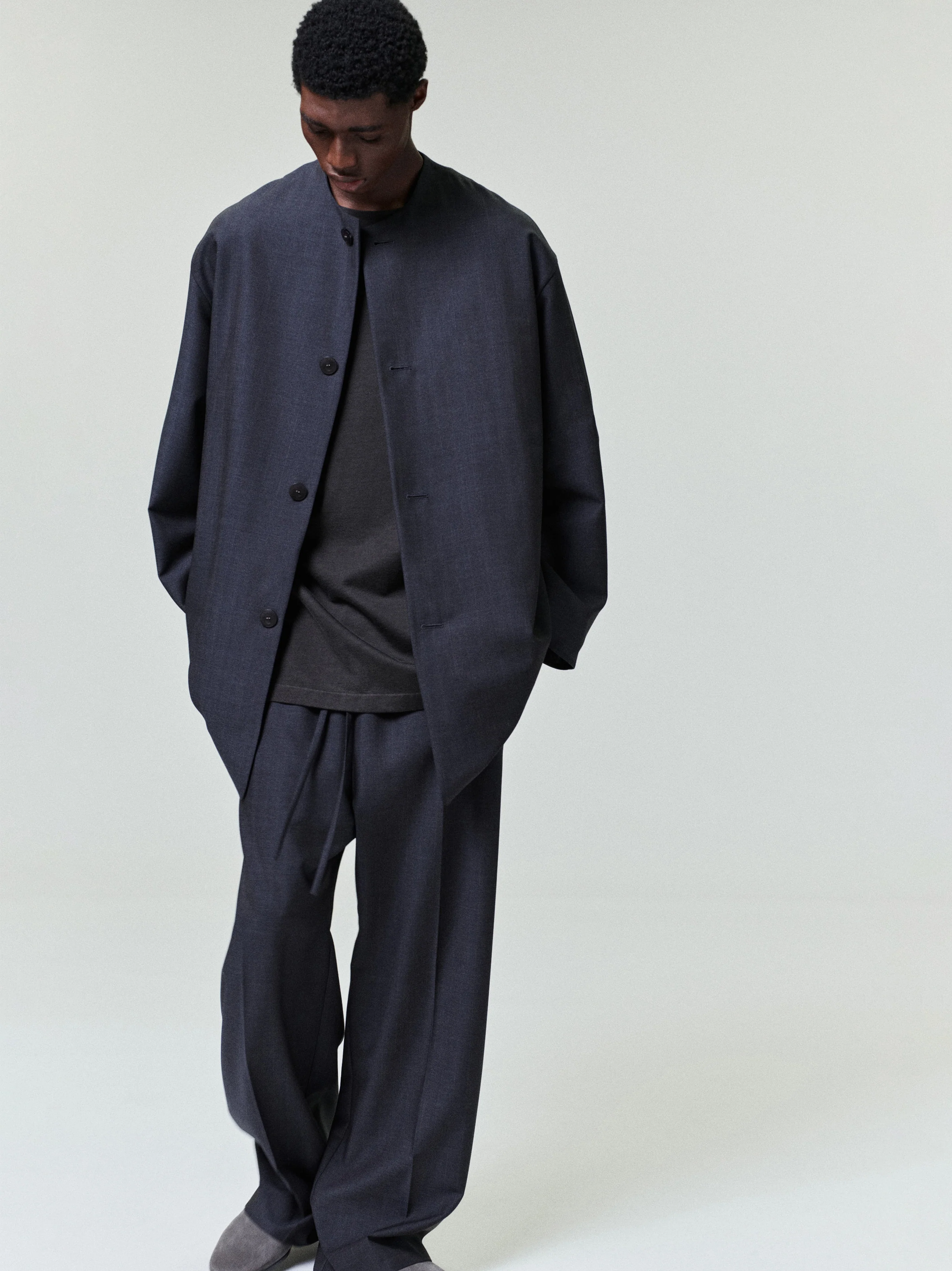 Grey Striped Wool Wide Leg Drawstring Pants