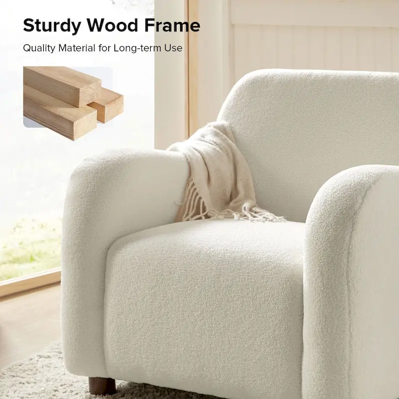 Wayne 35  Wide Boucle Upholstered Teddy Accent Chair with Solid Wood Legs by HULALA HOME