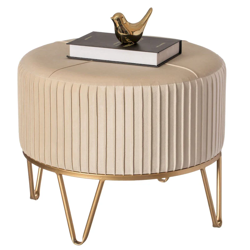 Round Velvet Ottoman Stool Raised with Hairpin Gold Base