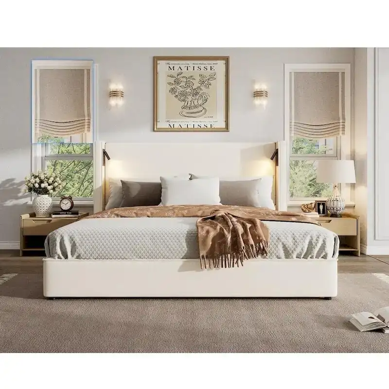 Christopher Knight Home- Cassie Upholstered Bed Frame with Reading Lamp & USB Port
