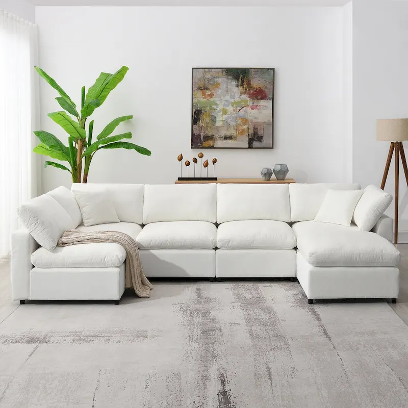 Beige 130 Chenille Cloud U-Shaped Sleeper Sectional Sofa, 6-Piece Modular Design