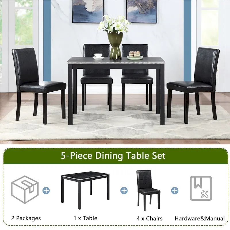 Wooden Dining Table with Rectangular Top and 4 Upholstered Chairs