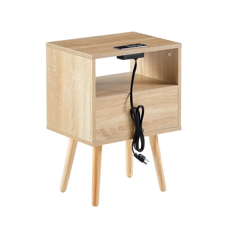 Nightstand with Charging Station End Side Table with Drawer