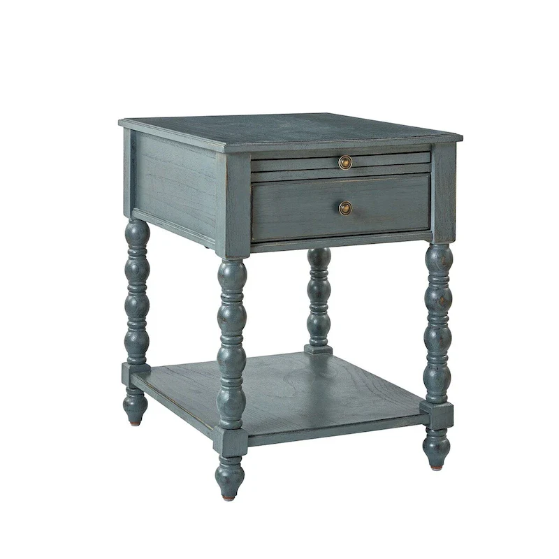 Blue / Walnut / Charcoal Traditional Solid Wood End Table with USB & Outlets – 1-Person