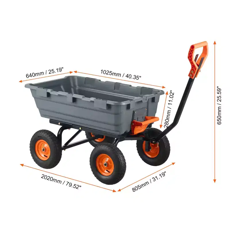 Poly Garden Dump Cart with Easy Assemble Steel Frame, 2-in-1 Convertible Handle, 6.48 cu. ft. Load Capacity, 1200 lbs Capacity, 13 inch Tires
