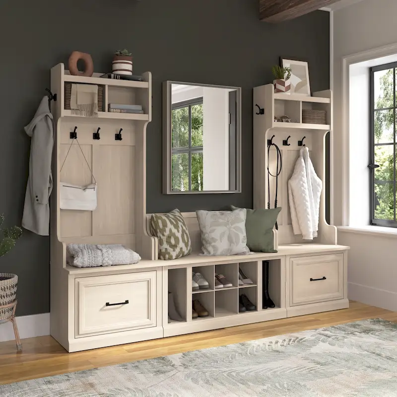 Woodland Hall Trees and Shoe Bench with Drawers by Bush Furniture