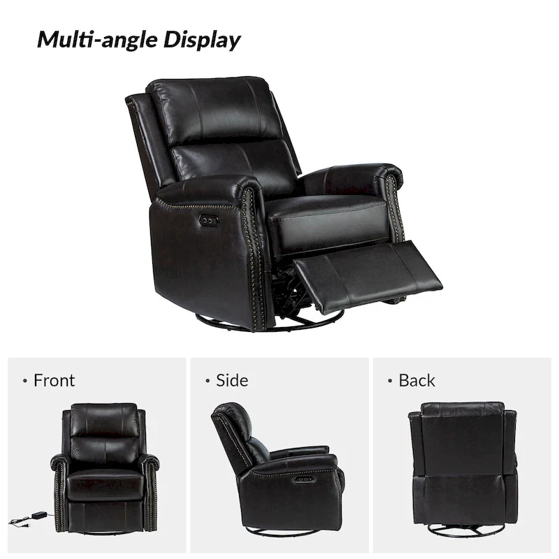 Renato Traditional Genuine Leather Nailhead Power Swivel Recliner Chair with Metal Base Set of 2 by HULALA HOME