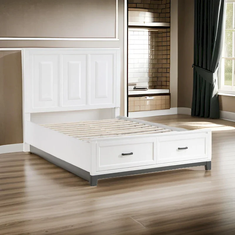 Platform Bed with 2 Storage Drawers, White Wood Finish