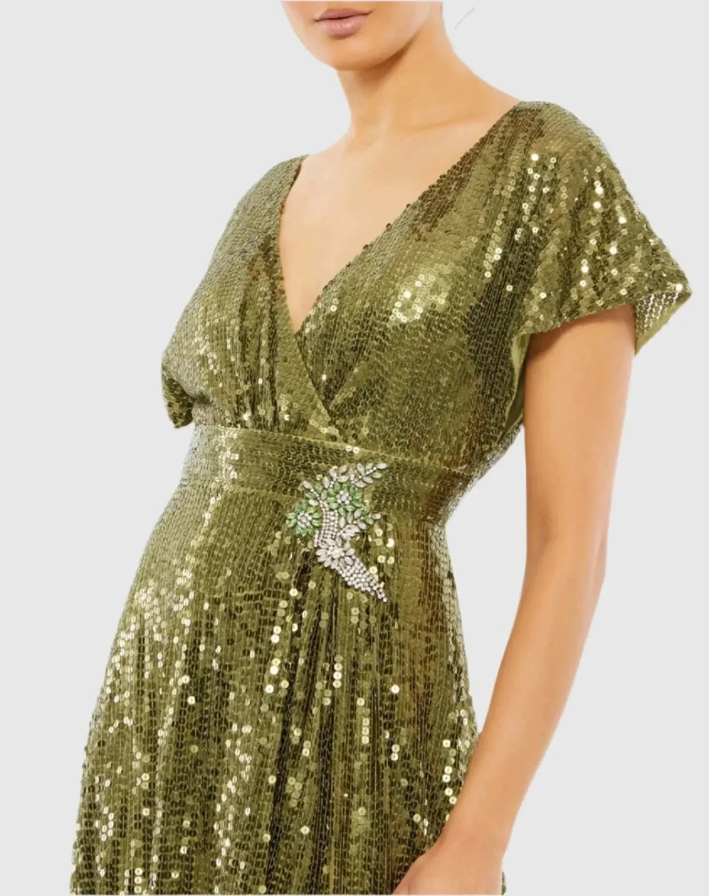 Green Sequined Butterfly Sleeve Wrap Over A Line Gown