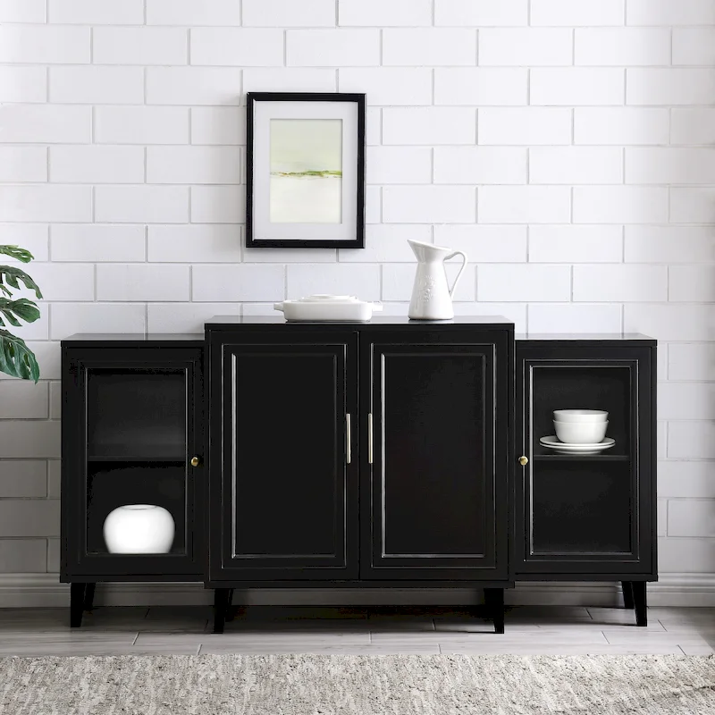 4-Door Breakfront Sideboard, Black/White – Glass Door Cabinet, TV Stand for up to 70